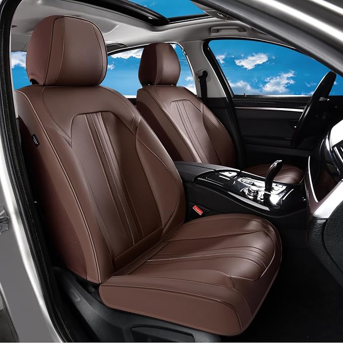 Huidasource Coffee Seat Covers, Luxury Faux Leather Car Seat Cover, Velcro Adjustable, with Airbags, Child Seat, Perforation Cooling＆Heating, Universal Fit for Most Cars, Vans, Trucks, SUVs, Coffee