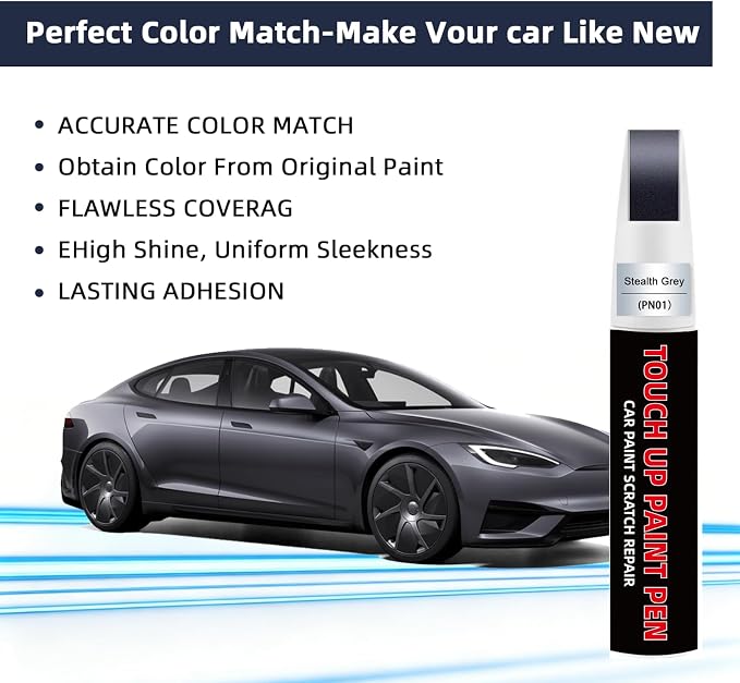 Stealth Grey(PN01) Car Touch Up Paint Compatible with Tesla 2-in-1 Car Scratch Repair Pen with Fine Tip&Brush, DIY Color-Code Matched Auto Paint for Small Rock Chips Door Scratches Paint Nicks Bumper Marks