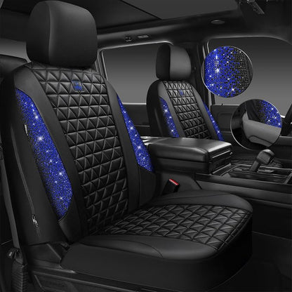 CAR PASS Bling Diamond Black Leather Car Seat Covers for 2 Front Interior Sets, Waterproof Shining Glitter Sparkly Crystal Universal Armrest Fit Automotive Truck SUV Cute Women Girl, Blue Rhinestone