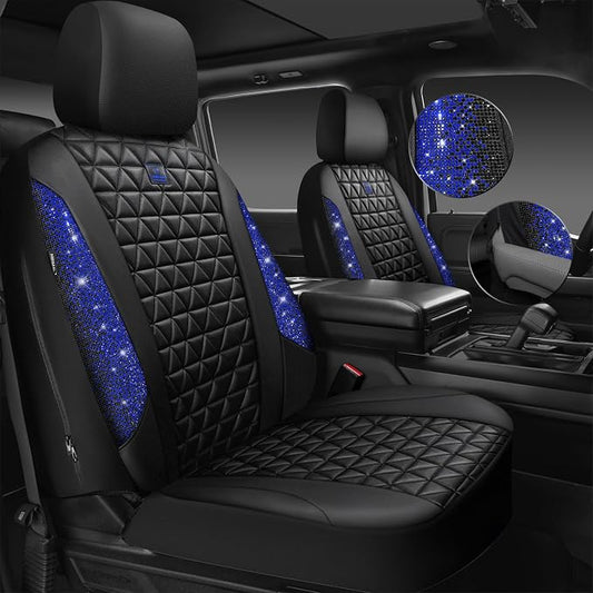 CAR PASS Bling Diamond Black Leather Car Seat Covers Full Set Interior Sets, Waterproof Shining Glitter Sparkly Crystal Universal Armrest Fit Automotive Truck SUV Cute Women Girl, Blue Rhinestone