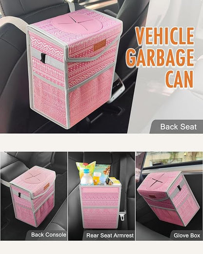 Pritent Car Trash Can with Lid, Cute Leakproof Car Trash Garbage Bag Hanging Vehicle Trash Bin Small Portable Automotive Garbage Cans Organizer for Back/Front Seat/Console(Trapezoid,Pink Print)