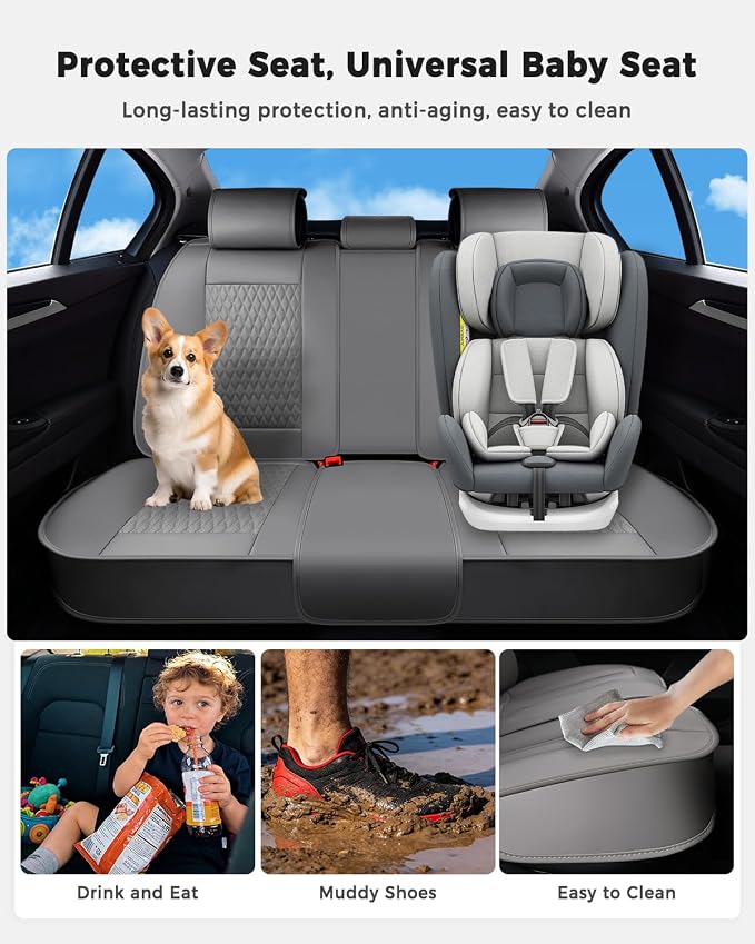 Huidasource Gray Back Seat Covers, Luxury Nappa Leather Rear Seat Cover with Velcro Adjustable, Child Seats, Ventilation Holes, Seat Belts, Back Seat Car Cover Fit for Most Cars SUV Trucks, Gray