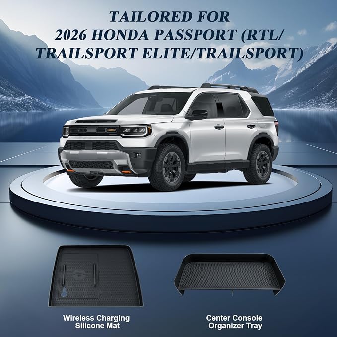 BIBIBO 2Packs for 2026 Honda Passport Console Organizer 2026 Honda Passport Center Console Organizer+Wireless Charging Mat 2026 Passport Console Insert Organizer