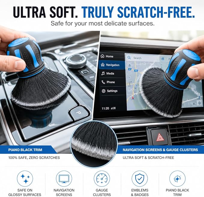 Hi-Tech Ultra Soft Detailing Brush – Scratch-Free Interior & Exterior Cleaning Tool with Gentle Bristles – Ergonomic Rubber Grip for Dashboards, Screens, Trim, Emblems & Auto Detailing