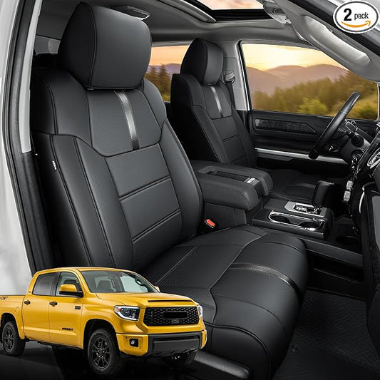 Super Cover Front Seat Covers for Toyota Tundra 2014–2021 (Bucket Seats Only), Full Coverage Front Leather Seat Protectors for Tundra Crewmax/Double Cab Pickup Accessories, Carbon Fiber, 2 PCS