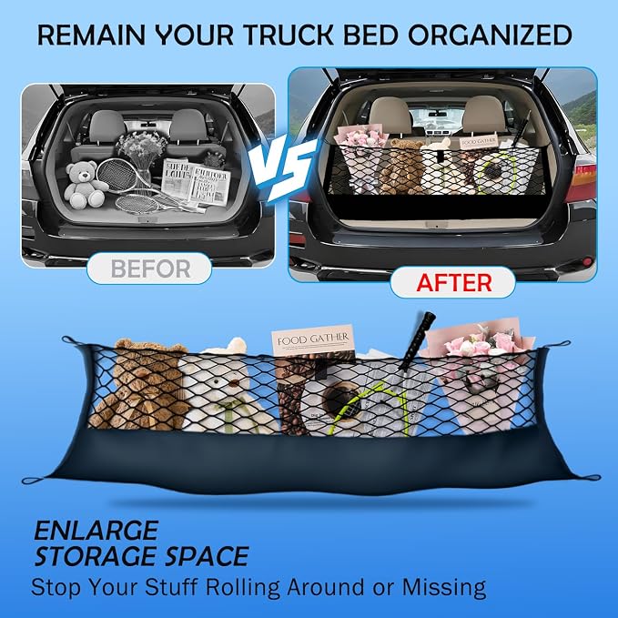 Truck Bed Cargo Net for Toyota Highlander 2020-2025 2026 Accessories, Envelope Style Rear Trunk Mesh Cargo Net, Heavy Duty 5mm Bungee&Double-Layer Nylon Storage Tailgate Netting Holder Organizer