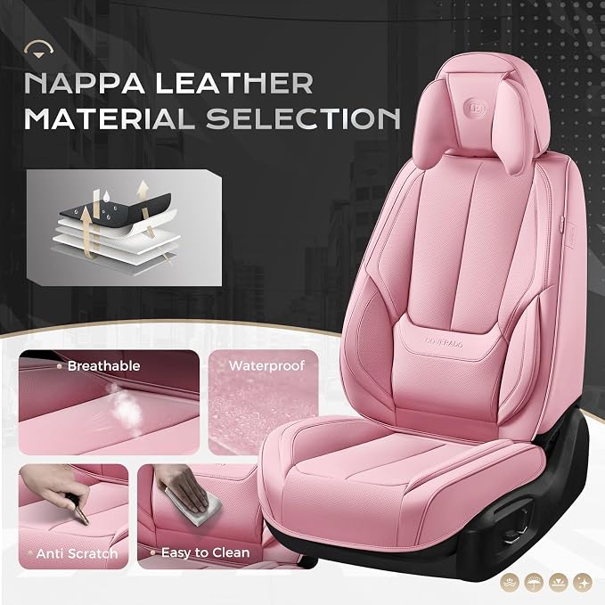 Coverado Seat Covers, Car Seat Covers Front Seats, Car Seat Cover, Car Seat Protector Waterproof, Seat Cushion Nappa Leather with Head Pillow, Carseat Cover Universal Fit for Most Cars (Pink)