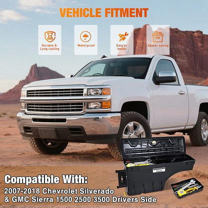 Nilight Truck Bed Tool Box Left Driver Side Truck Toolbox Fit for Chevrolet Silverado GMC Sierra 1500 2500 3500 2007-2018 Swing Case Truck Bed Storage Box w Lockable Lid Waterproof Wheel Well Toolbox