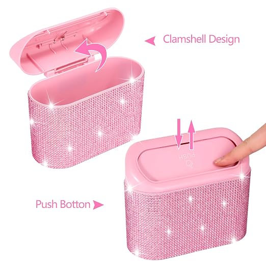 NBTEPEM Bling Pink Car Trash Can with Lid - 2 Pack, Mini Auto Garbage Can with 60 Trash Bags, Automotive Garbage Container Bin, Bling Car Accessories Trash Can for Women (Pink Diamond)