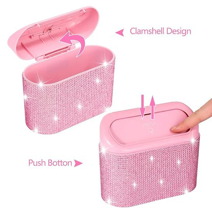 NBTEPEM Bling Pink Car Trash Can with Lid, Mini Auto Garbage Can with 30 Trash Bags, Automotive Garbage Container Bin, Bling Car Accessories Trash Can for Women (Pink Diamond)
