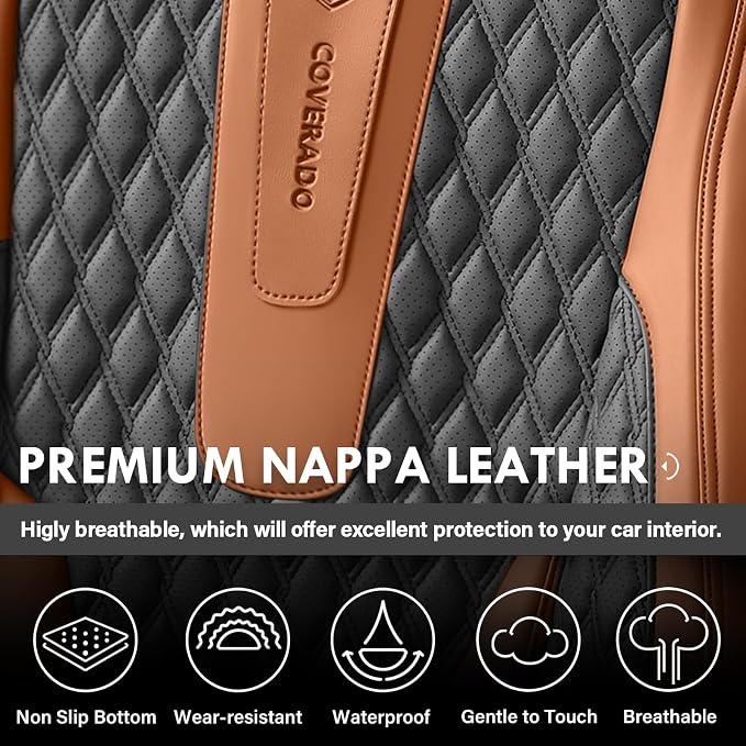 Coverado Car Seat Covers Full Set, Nappa Leather Seat Covers for Car, Waterproof Car Seat Protector with Lumbar Support, Automotive Seat Covers Universal Fit for Most Cars SUV Trucks (Brown-Black)