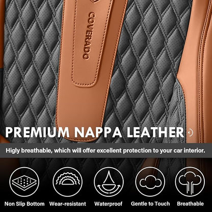 Coverado Front Seat Covers, Car Seat Covers Front Seats, Nappa Leather Seat Covers for Cars, Waterproof Seat Covers with Lumbar Support Universal Fit for Most Cars SUV Trucks (Front, Brown-Black)