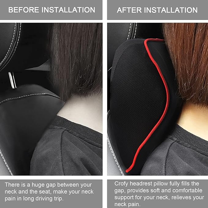 Crofy 2 Pack Car Neck Pillow, Softness Car Headrest Pillow for Driving with Adjustable Strap, 100% Memory Foam and Breathable Removable Cover, Comfortable Ergonomic Design, Black & Red