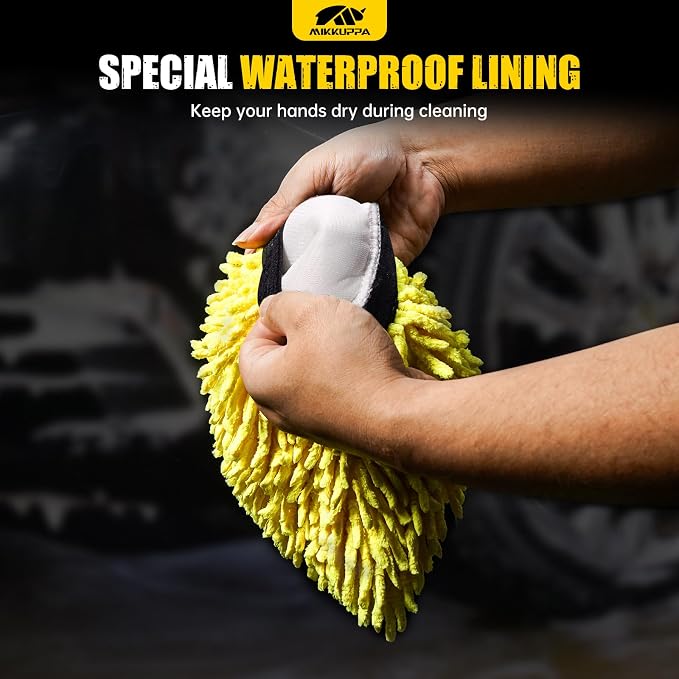 MIKKUPPA Car Wash Mitt Microfiber - Double-Sided Chenille Scratch Free Mitt with Waterproof Inner for Car Washing Home Cleaning (Yellow, 2Pack, 10'' x 7'')