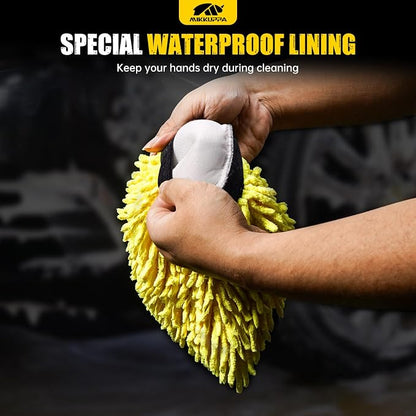 MIKKUPPA Car Wash Mitt Microfiber - Double-Sided Chenille Scratch Free Mitt with Waterproof Inner for Car Washing Home Cleaning (Yellow, 2Pack, 10'' x 7'')