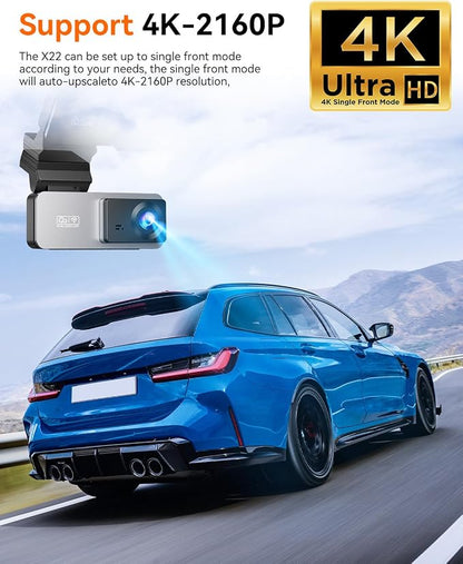 Dash Cam Front and Rear, 4K Front Dash Cam, 3K+1080P Dual Dash Camera for Cars, Built-in WiFi, Car Dashcams with Night Vision, Free 64GB Card, 24H Parking Mode, App Control, Silvery