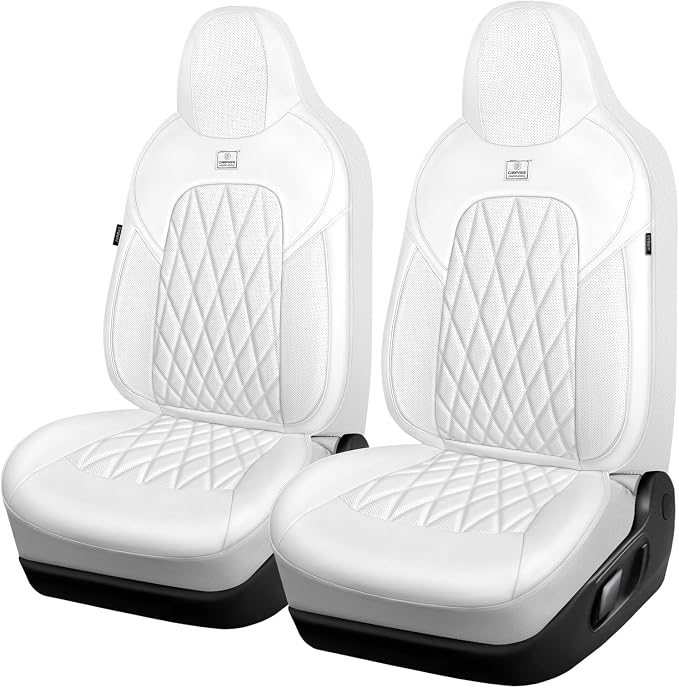 CAR PASS Nappa Leather High Back Front Seat Covers, Tesla Model 3 Model Y Breathable Faux Leather Front Bucket Seat Covers, Anti-Slip Airbag Compatible Universal Fit for Sedan SUV Van Truck, White