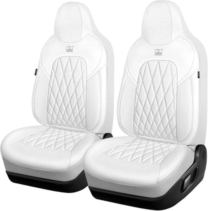 CAR PASS Nappa Leather High Back Front Seat Covers, Tesla Model 3 Model Y Breathable Faux Leather Front Bucket Seat Covers, Anti-Slip Airbag Compatible Universal Fit for Sedan SUV Van Truck, White