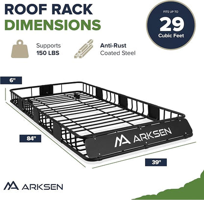 ARKSEN 84" x 39" x 6" Roof Rack Basket with Extension & Two Cargo Net, 150 lb Heavy-Duty Steel Cargo Carrier, Fits Crossbars up to 1.38" Thick, for SUV & Pickup Truck