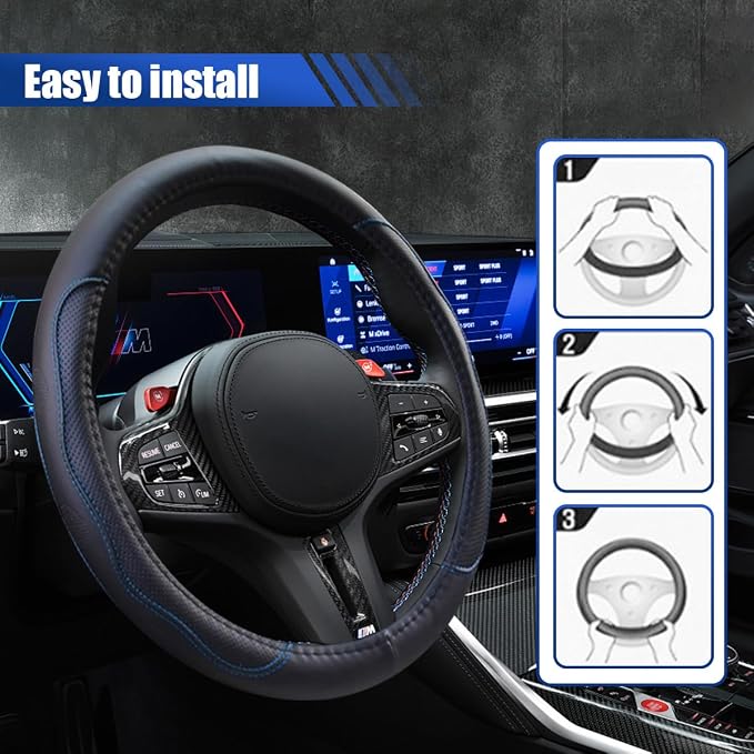 Car Steering Wheel Cover, 15 Inch Leather Anti-Slip Breathable Automotive Steering Wheel Protector, Universal Heat Resistant Vehicle Interior Accessories Cars, SUVs, Trucks(BlackBlue)