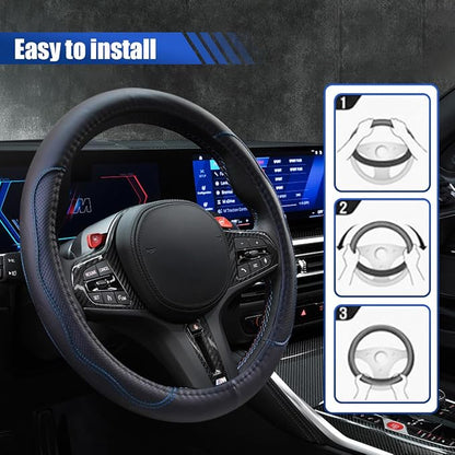 Car Steering Wheel Cover, 15 Inch Leather Anti-Slip Breathable Automotive Steering Wheel Protector, Universal Heat Resistant Vehicle Interior Accessories Cars, SUVs, Trucks(BlackBlue)