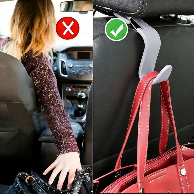 4PCS Car Seat Headrest Hook, Multi-Purpose Seat Back Hanger Purse Bag Handbag Organizer, Auto Interior Backseat Storage Hook Holder for Coat Hat Grocery Umbrella, Universal Fit (Gray)