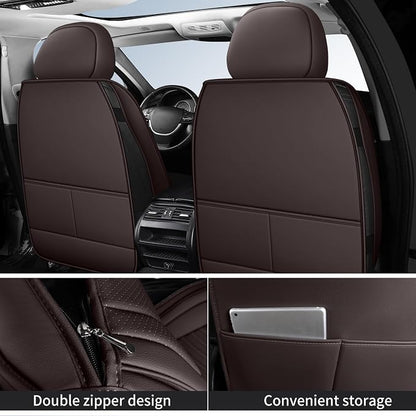 HChengkikz Nappa Leather Car Seat Covers Full Set, Brown Car seat Protector 5 Seats, Waterproof Car Seat Cushion, Universal Automotive Seat Covers Fit for SUV Truck Pick-up Sedan, Front and Rear