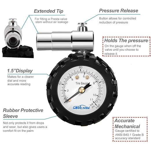 GODESON Presta Valve BicycleTire Pressure Gauge 0-160psi and 0-11bar