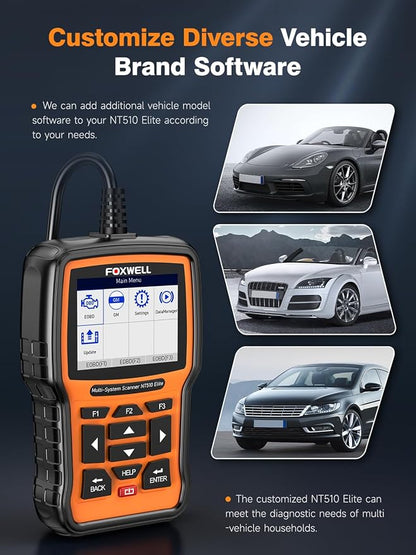FOXWELL NT510 Elite fit for Honda Acura OBD2 Scanner, Bidirectional Full System Engine ABS TCM SRS Diagnostic Scan Tool, All Reset Crankshaft Relearn Oil EPB TPS ABS Bleeding, Code Reader, Free Update
