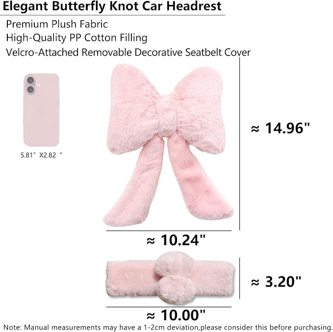 Car Neck Pillow 2PCS Plush Bowknot Car Headrest Pillow – Comfortable Neck Support for Driving Soft Touch Fabric Car Pillow Cute Interior Decor (Pink Set 4 Pcs)