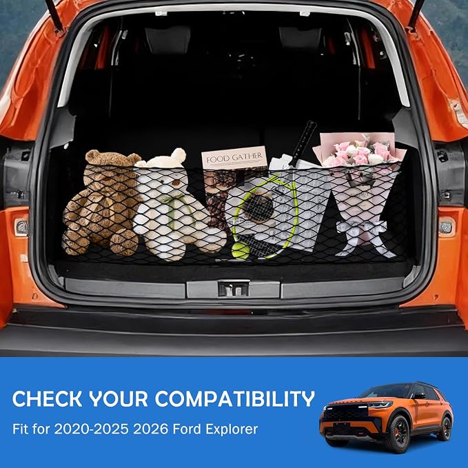 Envelope Style Cargo Net for 2020-2025 2026 Ford Explorer Accessories, Rear Trunk SUV Mesh Cargo Net, Upgraded 5mm Bungee & Double-Layer Nylon Storage Tailgate Netting Grocery&Tools Holder Organizer