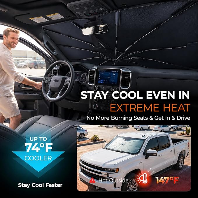 [2026 Upgraded] DooGooCoo Windshield Sun Shade Umbrella for Chevy Silverado [100% Sunlight Blocked, Cooling Ice Crystal] Sunshade for Car Windshield for Silverado Sun Shade 2019-2026.