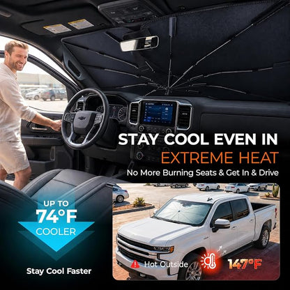 [2026 Upgraded] DooGooCoo Windshield Sun Shade Umbrella for Chevy Silverado [100% Sunlight Blocked, Cooling Ice Crystal] Sunshade for Car Windshield for Silverado Sun Shade 2019-2026.