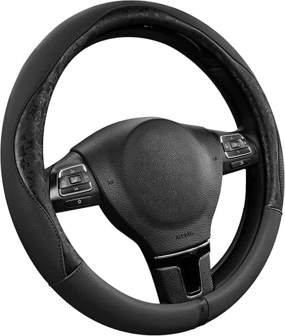 PIC AUTO Steering Wheel Cover, Black Patterned Leather Patchwork Design, Universal Fit 14.5"–15.5", Anti-Slip, Odor-Free, Soft PU Grain Leather, Durable Grip Car Accessory for Girls & Women