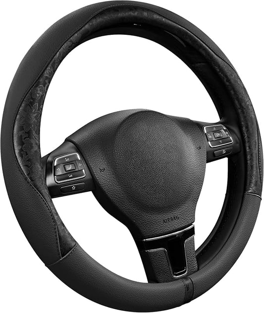 PIC AUTO Steering Wheel Cover, Black Patterned Leather Patchwork Design, Universal Fit 14.5"–15.5", Anti-Slip, Odor-Free, Soft PU Grain Leather, Durable Grip Car Accessory for Girls & Women