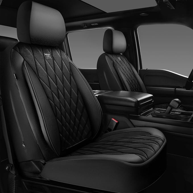CAR PASS Luxury Faux Leather Car Seat Covers Front Seats, Breathable Soft Velvet Premium Automotive Seat Covers 2 Pack, Armrest Airbag Compatible Universal Fit for Most Sedan SUV Van Truck, Black
