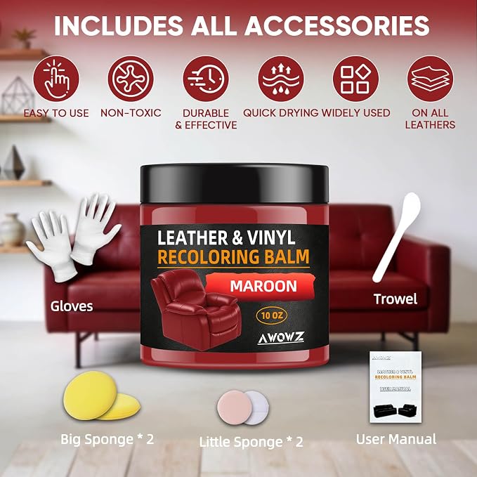 Leather Recoloring Balm - Scratch Repair & Color Restore Kit for Faded Leather, Leather Couch & Car Seats - 10OZ Leather Restorer Balm for Furniture, Auto Interior, Vinyl, Accessories (Maroon)