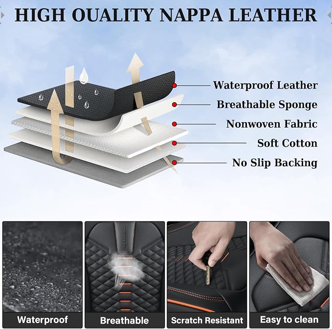 Coverado Automotive Seat Covers, Car Seat Covers Front Seats, Nappa Leather Black Orange Car Seat Cover, Waterproof Seat Cushion, 2 Pack Front Seat Covers Driver Seat Protector Fit for Most Cars SUV