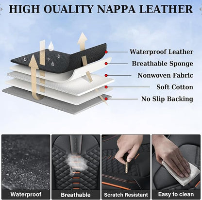 Coverado Automotive Seat Covers, Car Seat Covers Front Seats, Nappa Leather Black Orange Car Seat Cover, Waterproof Seat Cushion, 2 Pack Front Seat Covers Driver Seat Protector Fit for Most Cars SUV