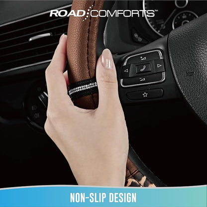 Road Comforts Leopard Steering Wheel Cover for Women, Cute Anti-Slip Microfiber Leather, Universal Fit 14.5-15 Inch Round Steering Wheel - Brown