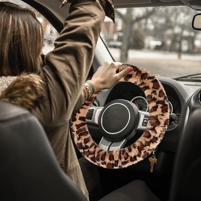 Accmor Fuzzy Car Steering Wheel Cover, Universal Fit Fur Auto Wheel Cover & Handbrake Cover & Gear Shift Cover Set, Leopard Warm Fluffy Vehicle Wheel Protector Car Accessories for Men Women (Brown)