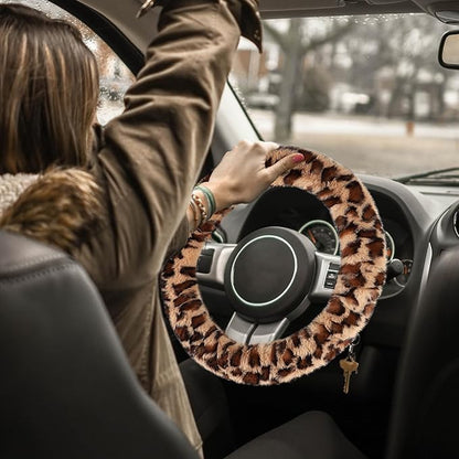 Accmor Fuzzy Car Steering Wheel Cover, Universal Fit Fur Auto Wheel Cover & Handbrake Cover & Gear Shift Cover Set, Leopard Warm Fluffy Vehicle Wheel Protector Car Accessories for Men Women (Brown)