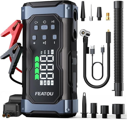 High-Power 9000A Jump Starter with Air Compressor, 12V Car Battery Jump Starter, Portable Jump Box for Car(All Gas/14L Diesel) with Tire Inflator, PD 30W Fast Charge, Forced Boost Battery Jumper