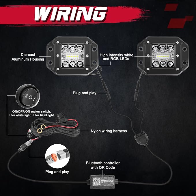 RGBW Flush Mount LED Lights, OFFROADTOWN 5inch 60W RGBW LED Driving Work Flush Fog Off Road Lights for Truck Pickup UTV ATV SUV Boat 4x4 Car