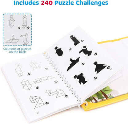 Vanmor Travel Tangram Puzzle - 3 Sets of Magnetic Tangram with 240 Solution - Montessori Shape Pattern Blocks Jigsaw Road Trip Games IQ Book Educational Toy Brain Teaser Gift for Kids Adults Challenge
