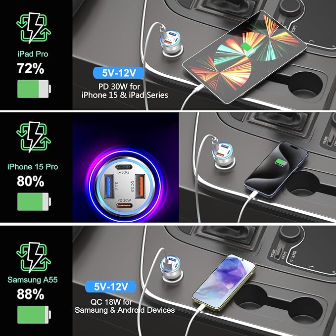 USB C Car Charger 5 Pack, Bangfun 65W 4-Port Dual 12V USB Car Charger QC+PD 3.0 Fast Charging Cigarette Lighter Adapter Plug for iPhone 16 15 14 13 12 11 Pro Max iPad,Samsung (Silver)