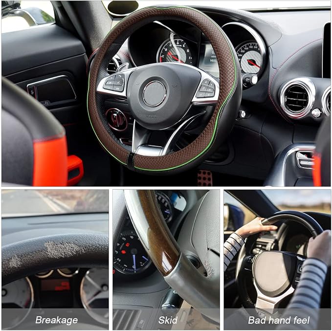 Leather Steering Wheel Cover, Soft Breathable Anti-Slip Protector for Car, Truck, SUV - Universal Fit 15 Inch for Women and Men (Black/Coffee)