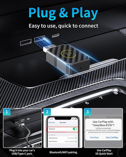 Mini Wireless CarPlay Adapter for Apple, Plug & Play Low Latency Converts Wired to Wireless CarPlay Dongle for iPhone iOS 10+, Connection Fast & Stable