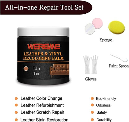 Leather Recoloring Balm - Leather & Vinyl Repair Balm for Furniture, Couches,Car Seats, Auto Interior & Accessories, Restores Faded, Worn, Scratched and Cracked Leather Surfaces (Tan)