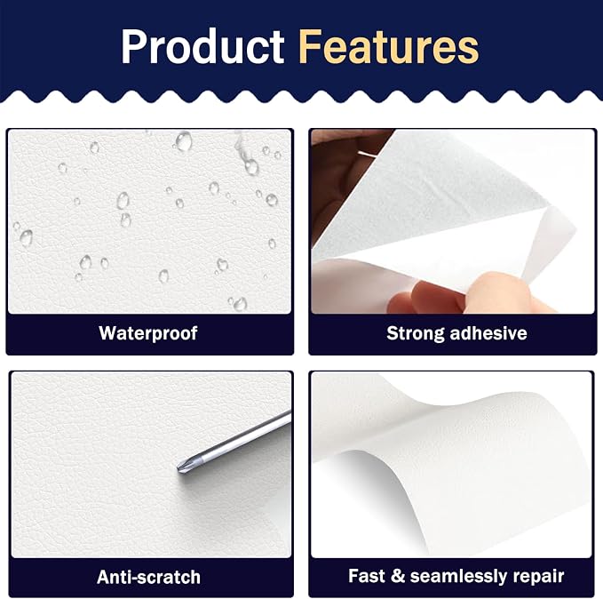 Zenyao Leather Repair Patch Tape - Self Adhesive Leather Repair Kit for Car Seat Furniture, Heavy Duty Vinyl Repair Patch for Couch Sofa, Waterproof for Rips Scratches Tears, 3x60 Inch Roll, White
